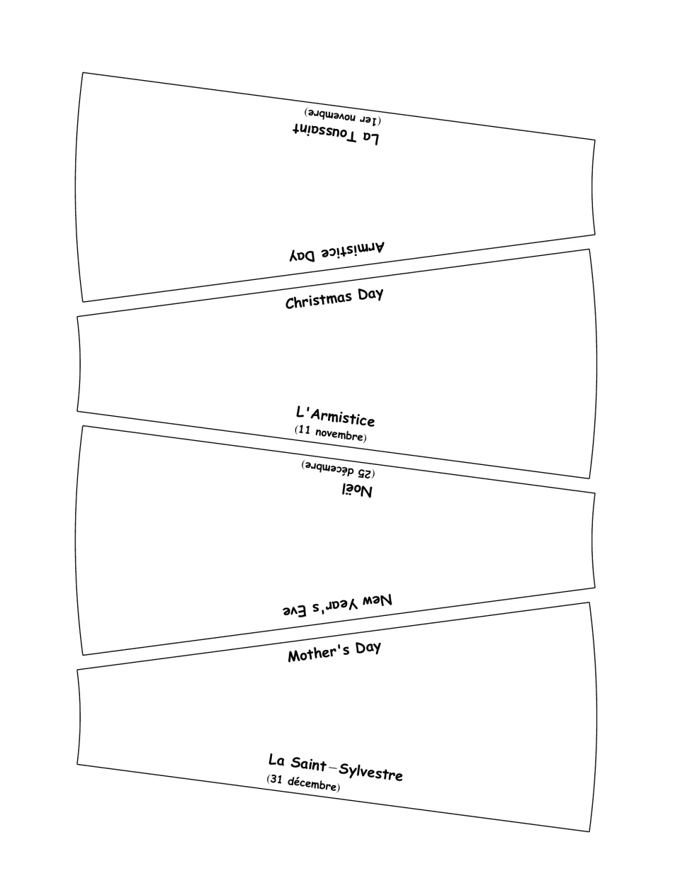 French celebration cards 17–20: All Saints' Day, Armistice Day, Christmas and New Year's Eve, with dates.