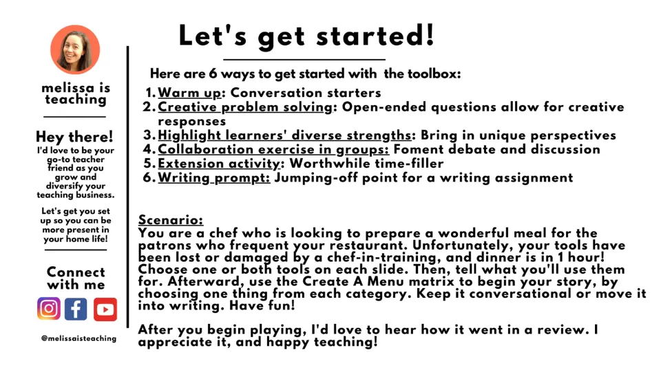 English directions for the chef activity: choose replacement tools, explain their uses, and create a menu