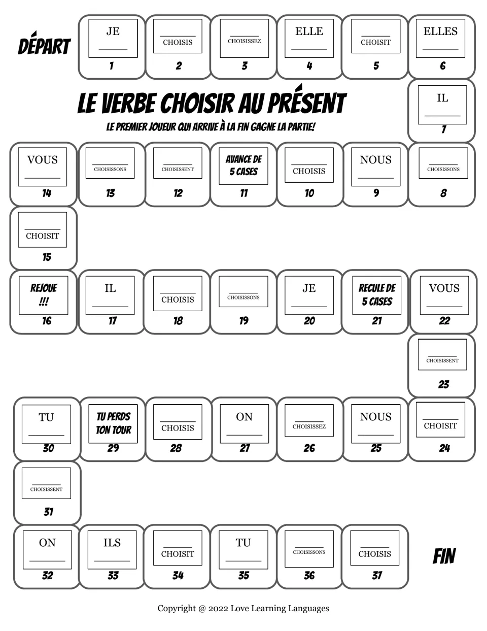 French board game: 37 spaces to practice choisir (to choose) in the present tense, with pronouns and verb forms