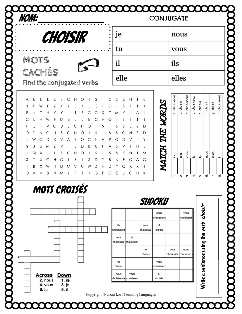 French choisir (to choose) practice: conjugation, word search, matching, crossword, Sudoku, and sentence writing