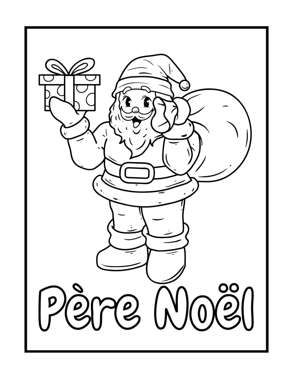 French Christmas coloring page labeled Père Noël (Santa Claus), showing Santa holding a gift and a sack
