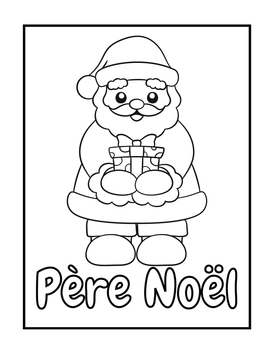 French Christmas coloring page labeled Père Noël (Santa Claus), showing Santa holding a gift in both hands