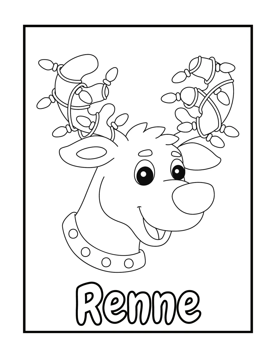 French Christmas coloring page labeled Renne (reindeer), showing a reindeer head with lights on its antlers