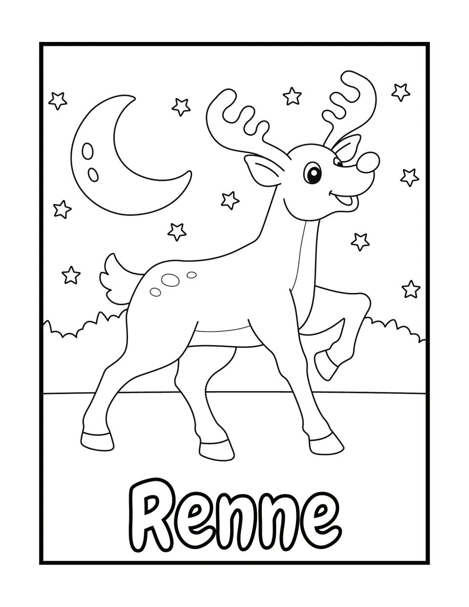 French Christmas coloring page labeled Renne (reindeer), showing a standing reindeer with one front leg raised