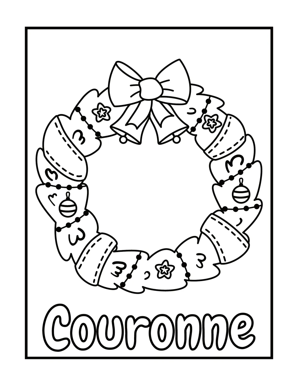 French Christmas coloring page labeled Couronne (wreath), showing a wreath with a bow, bells, and ornaments