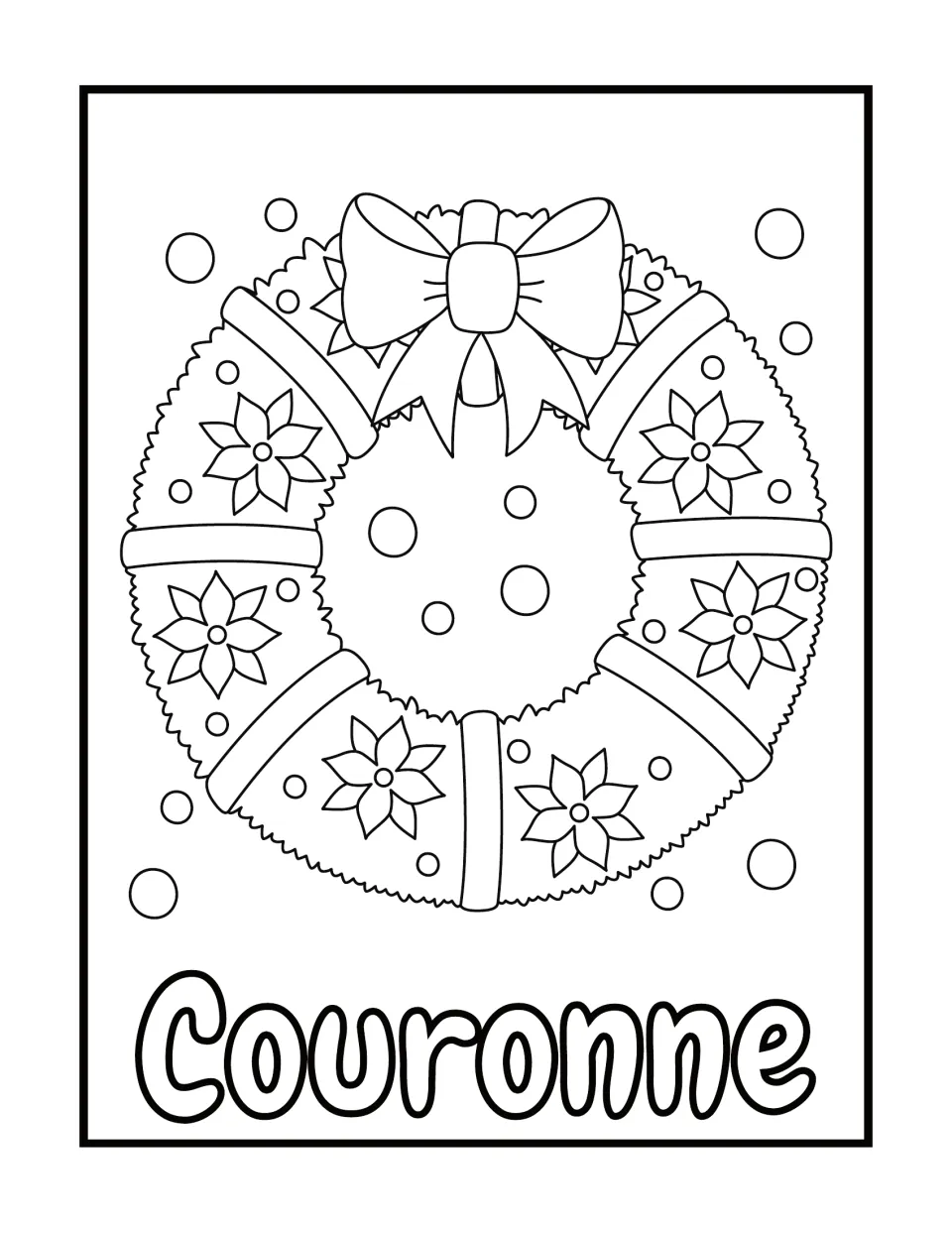 French Christmas coloring page labeled Couronne (wreath), featuring a wreath with flowers, ribbon, and a bow
