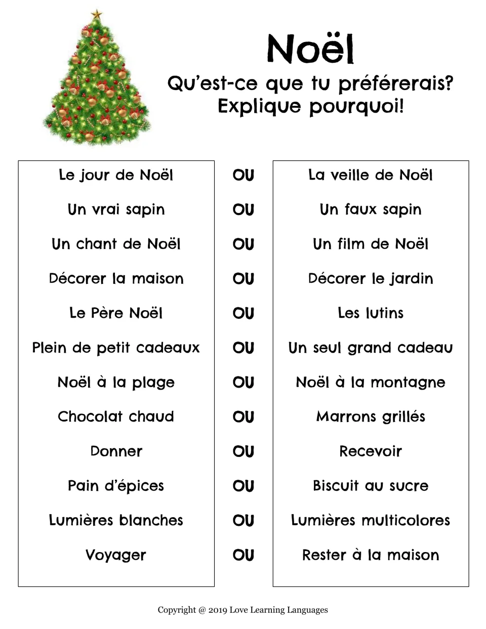 Noël in French: students pick between 12 Christmas pairs, like un vrai sapin ou un faux sapin, and explain why
