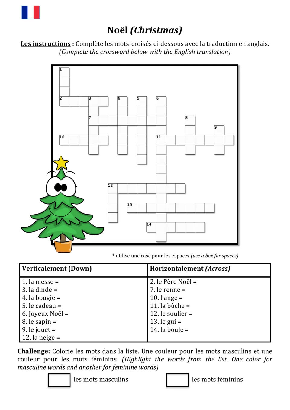 Noël Christmas crossword: students translate 15 French words like le sapin and la bûche into English, then color by gender