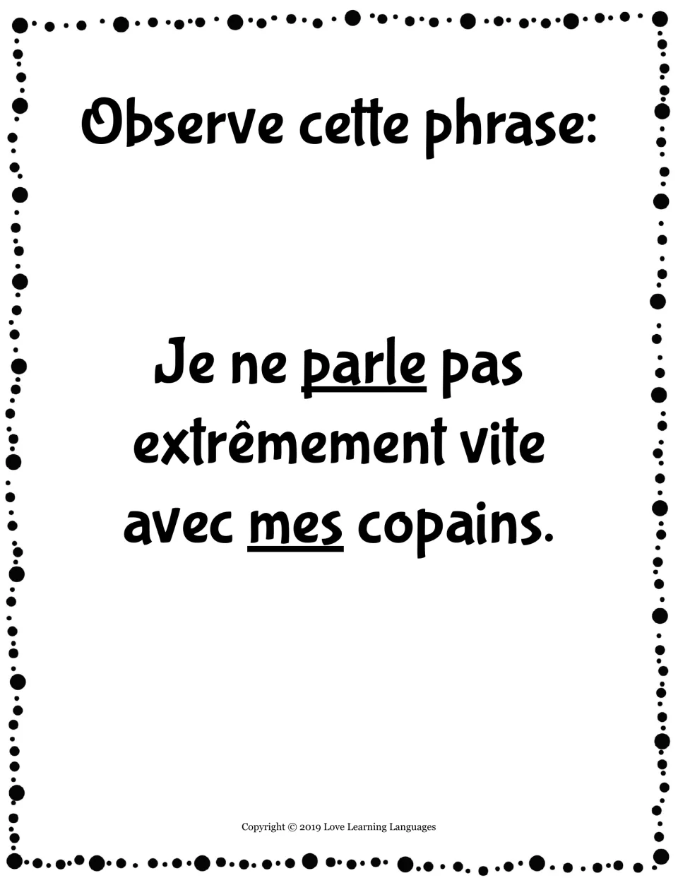 Negative model sentence 'Je ne parle pas extrêmement vite avec mes copains.' with ne...pas around parle