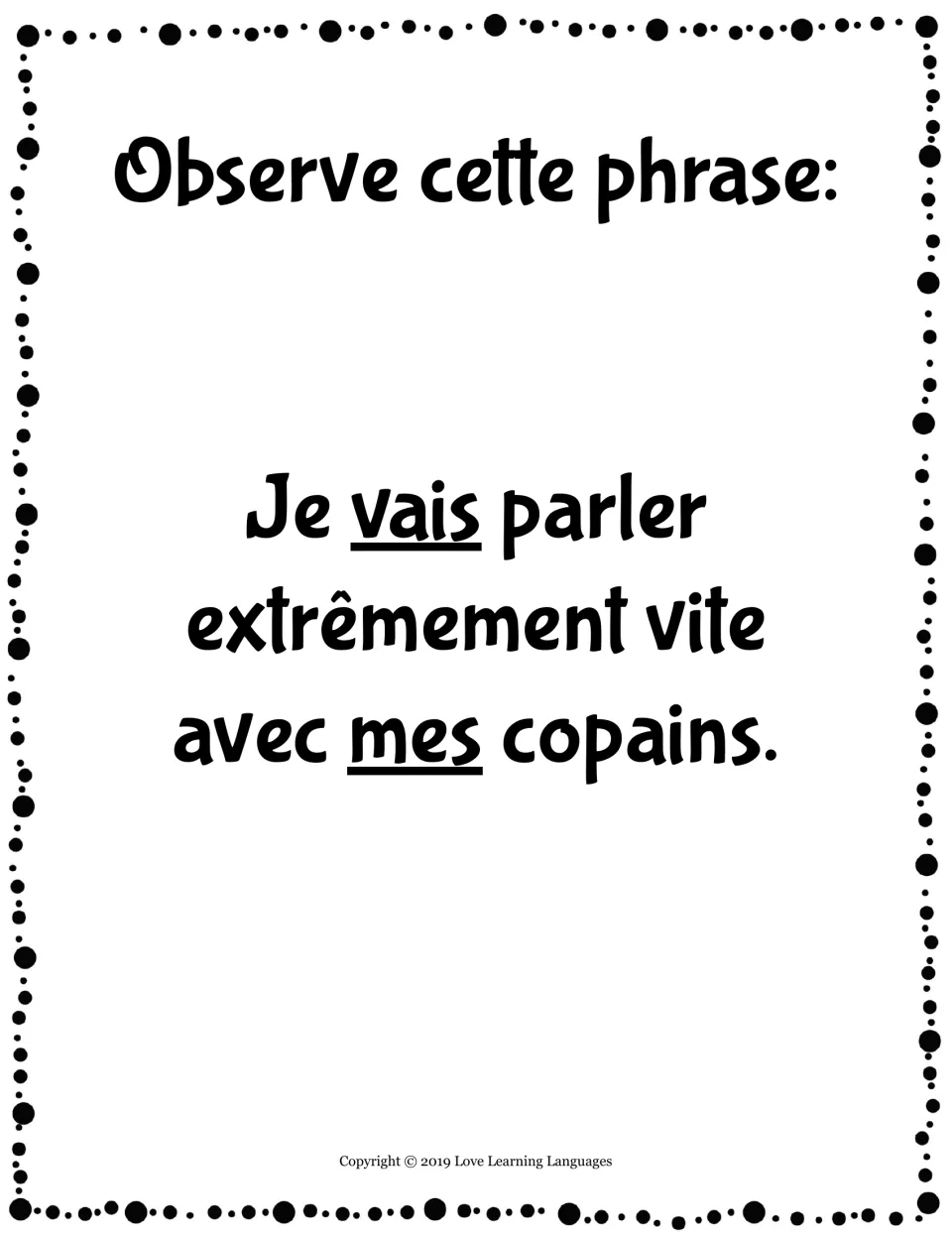 Futur proche model sentence 'Je vais parler extrêmement vite avec mes copains.' with vais and mes underlined
