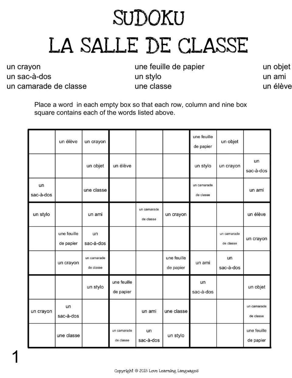 French vocabulary Sudoku 1: un crayon (pencil), un stylo (pen), un élève (student) and six more terms