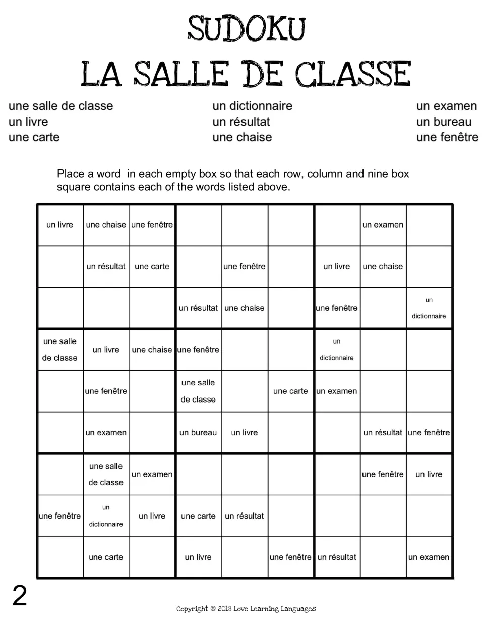 French vocabulary Sudoku 2: un livre (book), une chaise (chair), une fenêtre (window) and six more terms