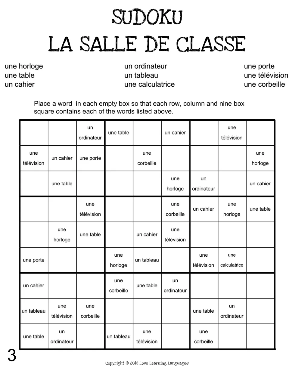 French vocabulary Sudoku 3: une horloge (clock), une table (table), un cahier (notebook) and six more terms
