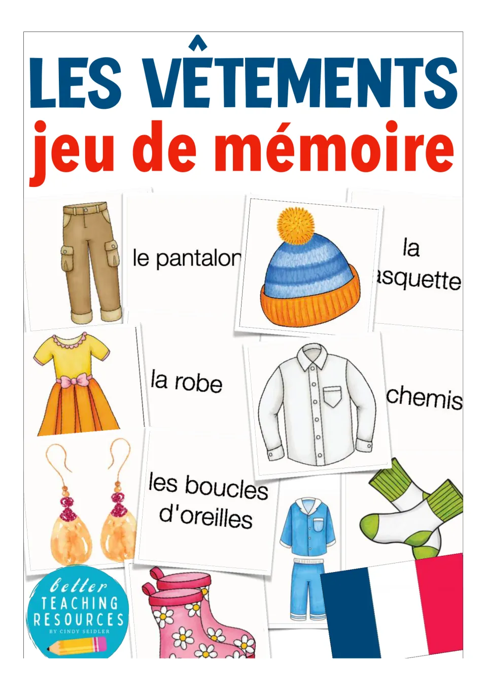 Cover of the French clothing memory game, titled 'Les vêtements – jeu de mémoire,' showing sample cards