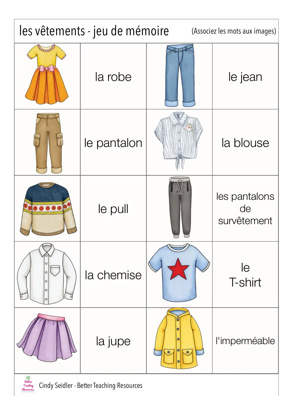 French memory game pairs 1–10 include la robe (dress), le jean (jeans), and le pantalon (pants)