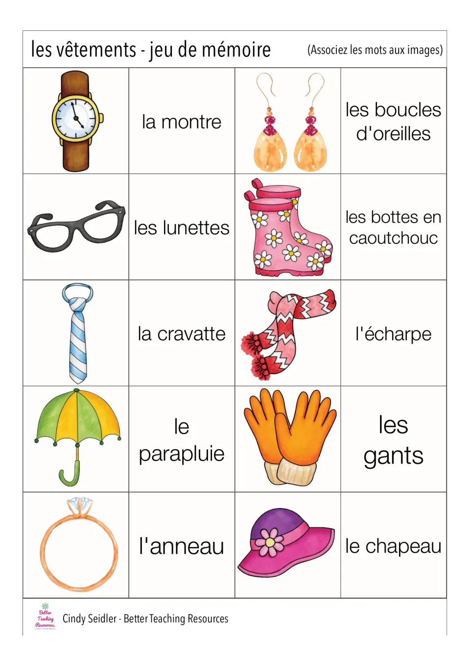 French memory game pairs 21–30 include la montre (watch), les lunettes (glasses), and les gants (gloves)
