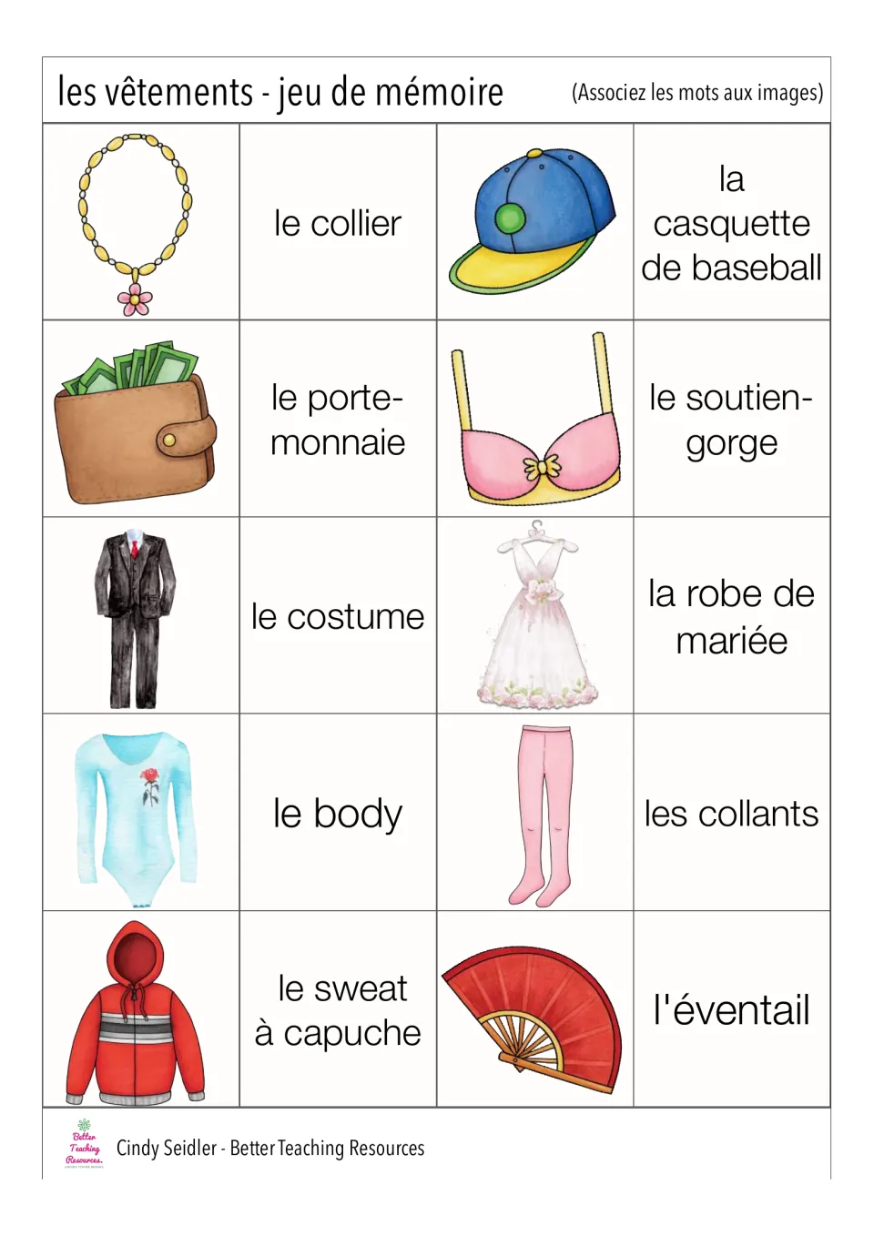 French memory game pairs 31–40 include le collier (necklace), le costume (suit), and les collants (tights)