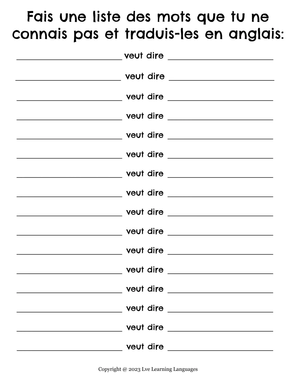 French clothing vocabulary translation worksheet: list unfamiliar words and their English meanings.