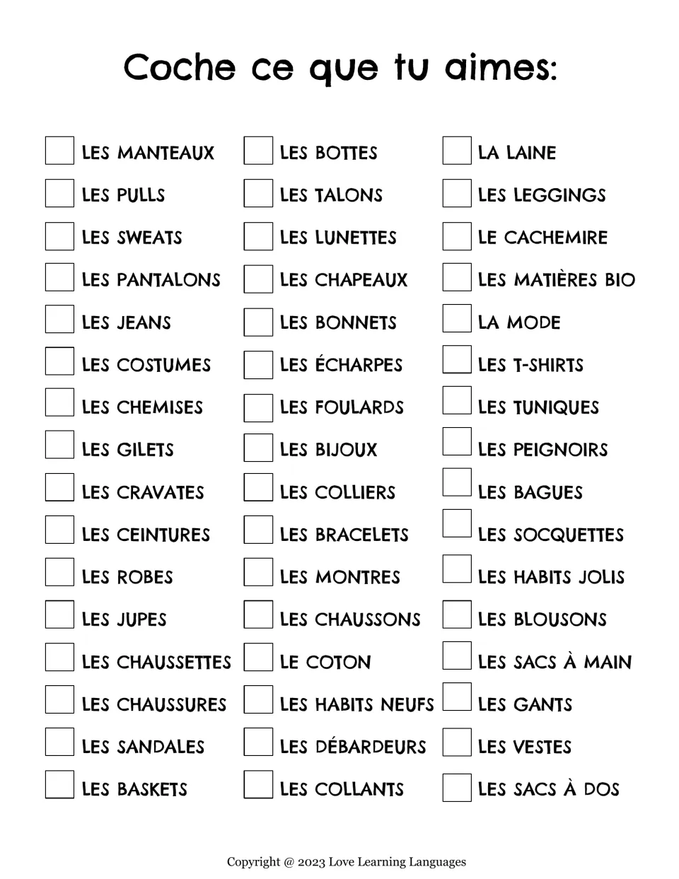 French clothing preferences checklist: mark terms you like among 48, including les robes (dresses).