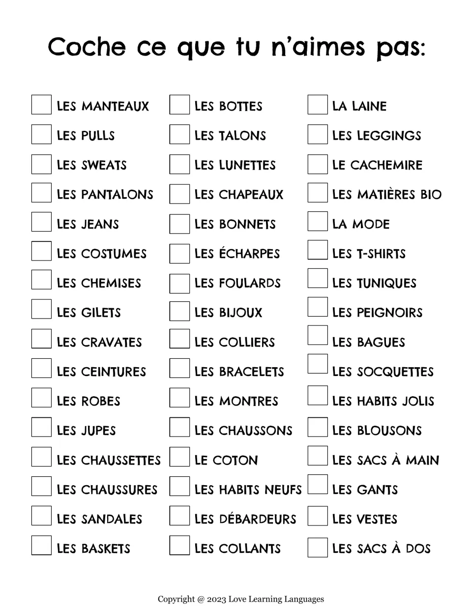 French clothing preferences checklist: mark terms you dislike among 48, including les bottes (boots).