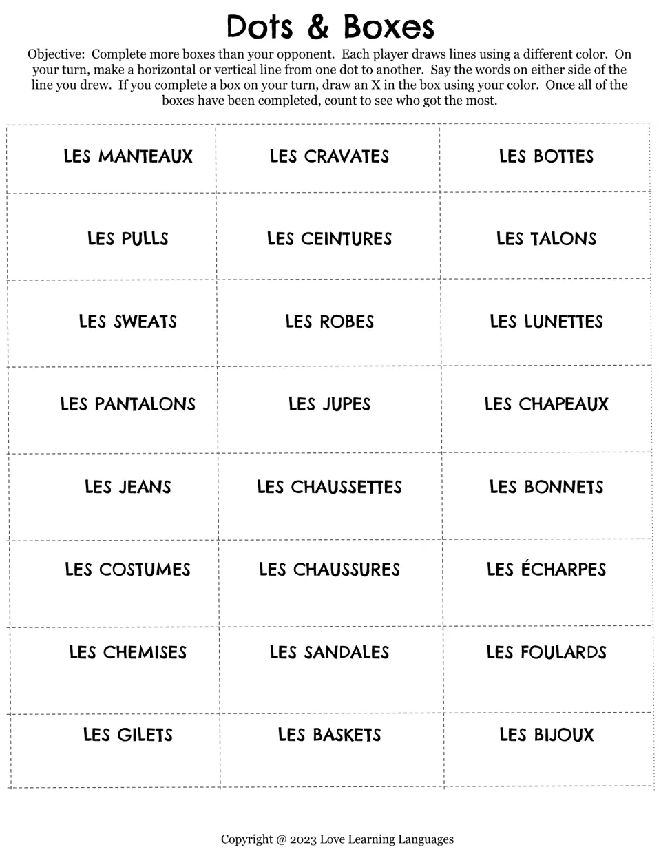 French Dots & Boxes game, first 24 terms: say clothing words aloud, including les pulls (sweaters).