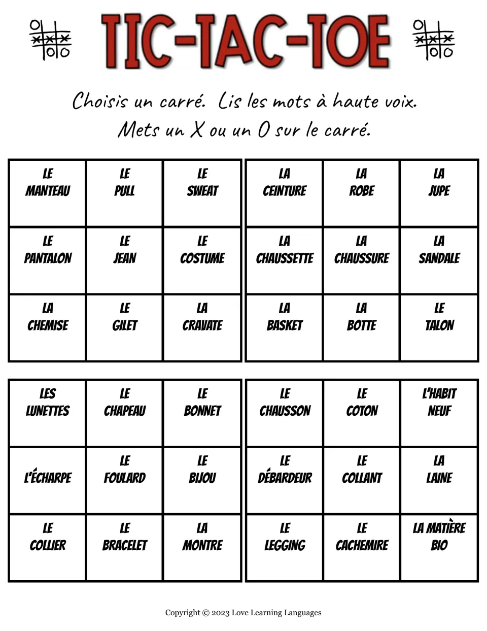 Four French clothing tic-tac-toe games: read terms aloud, including le manteau (coat) and la robe (dress).