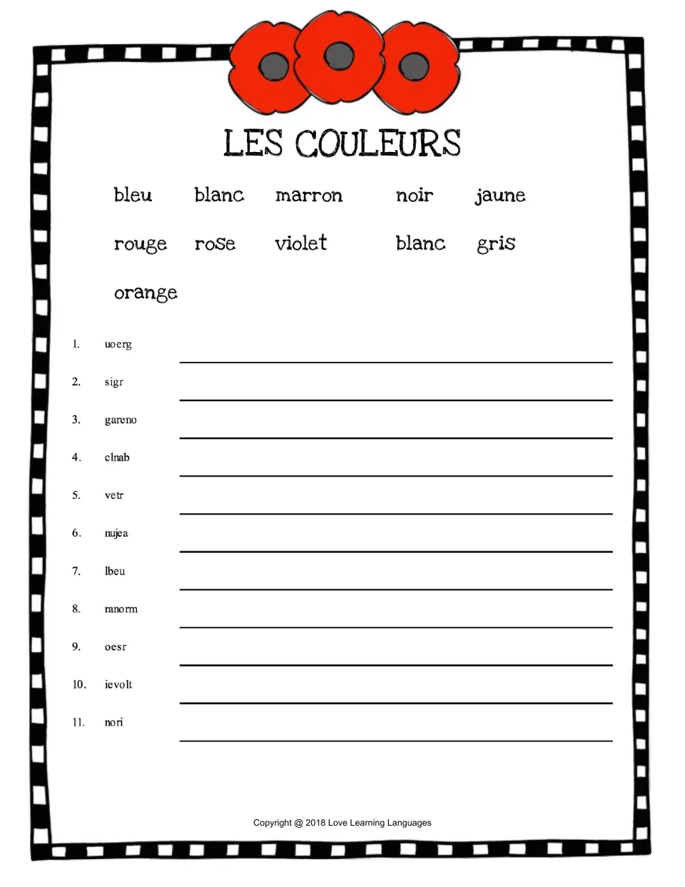 French color word scramble: 11 items, including rouge (red), gris (gray), orange (orange), and blanc (white)