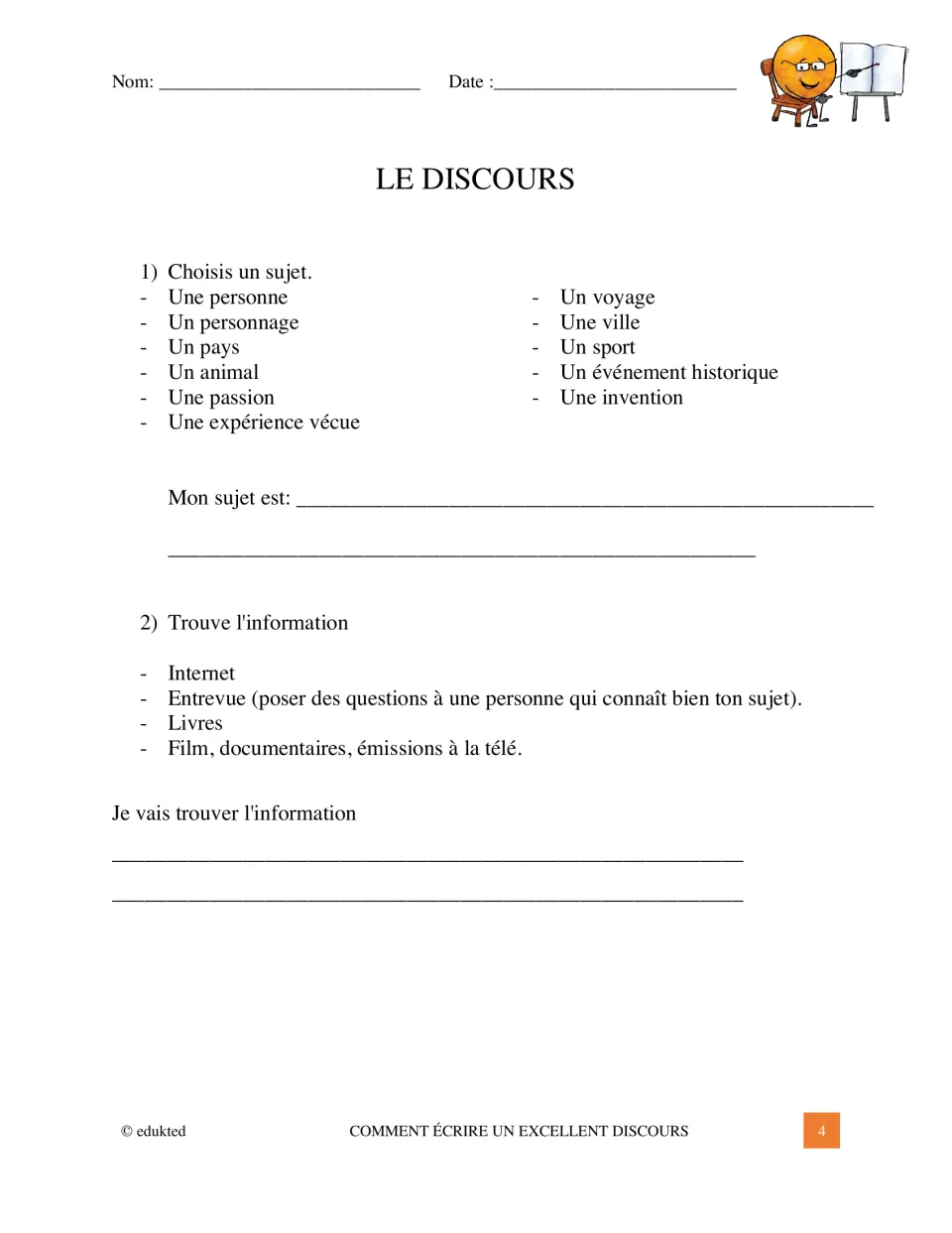 French speech planning starts with choosing a topic and finding information in interviews, books, or media