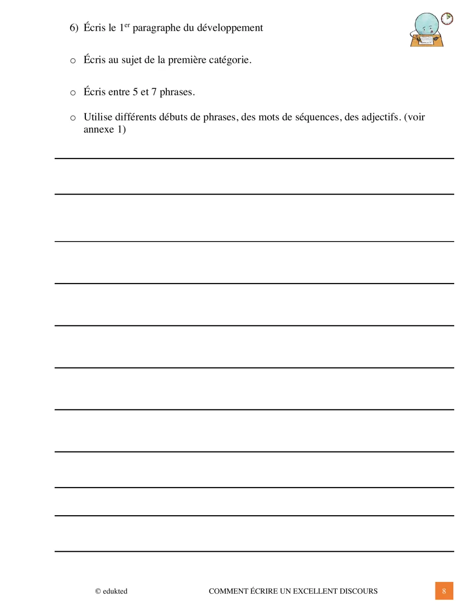 French speech body paragraph 1: write 5–7 sentences on category one using varied openings and sequence words