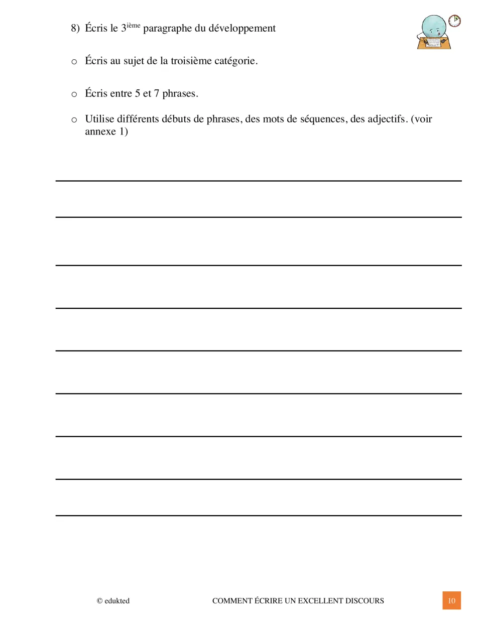 French speech body paragraph 3: write 5–7 sentences on category three with varied openings and sequence words