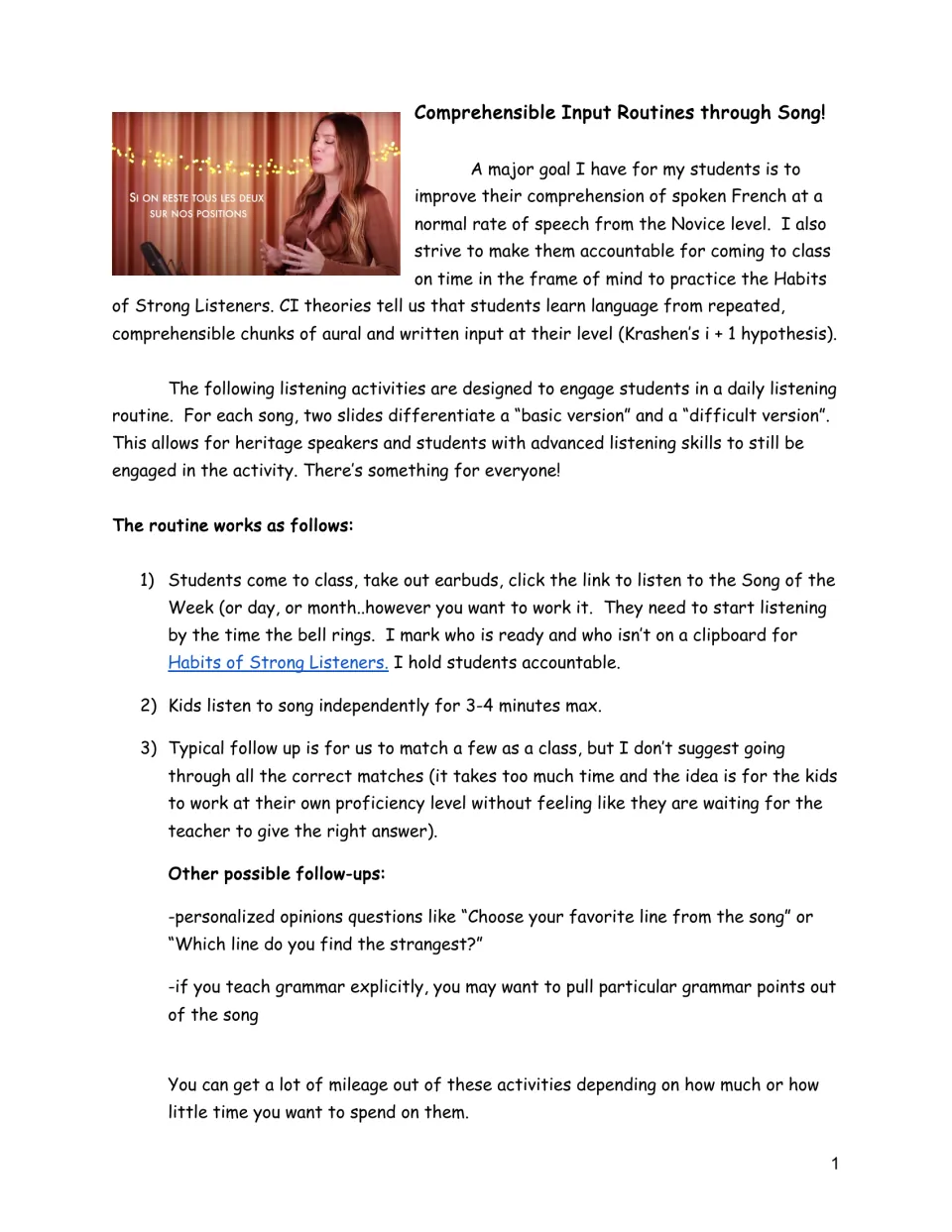 French song routine guide: three listening steps, basic and difficult versions, and follow-up questions.