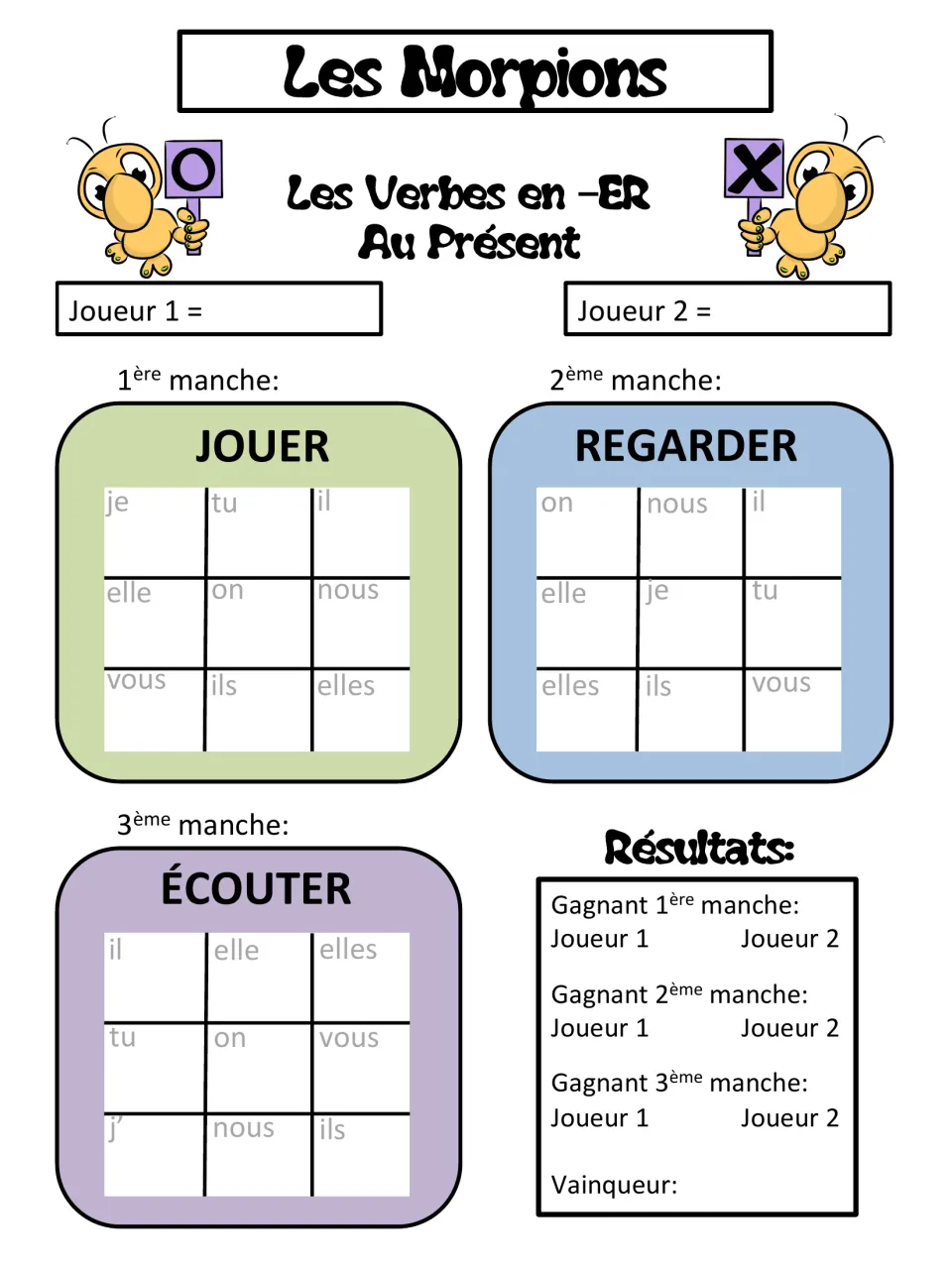 Present-tense tic-tac-toe card for -ER verbs: jouer (play), regarder (watch), and écouter (listen)