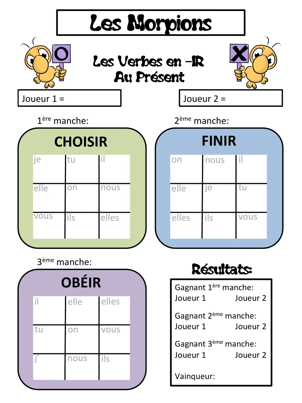 Present-tense tic-tac-toe card for -IR verbs: choisir (choose), finir (finish), and obéir (obey)