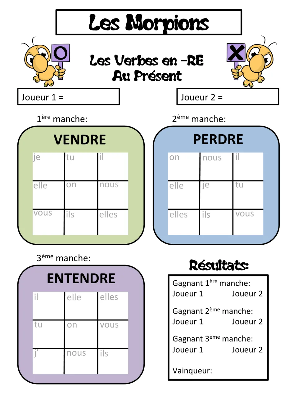 Present-tense tic-tac-toe card for -RE verbs: vendre (sell), perdre (lose), and entendre (hear)