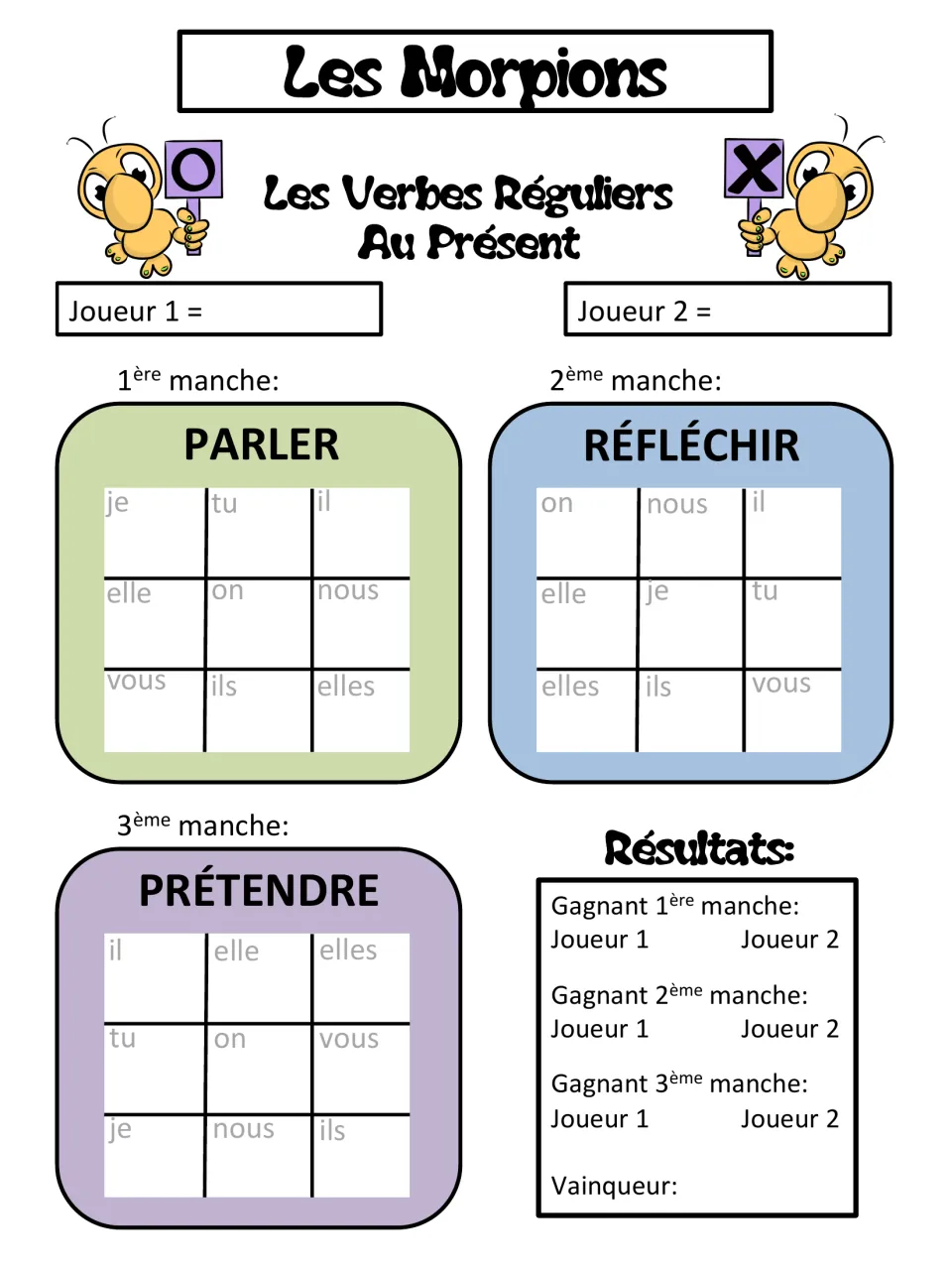 Present-tense tic-tac-toe card for regular verbs: parler (speak), réfléchir (think), prétendre (claim)