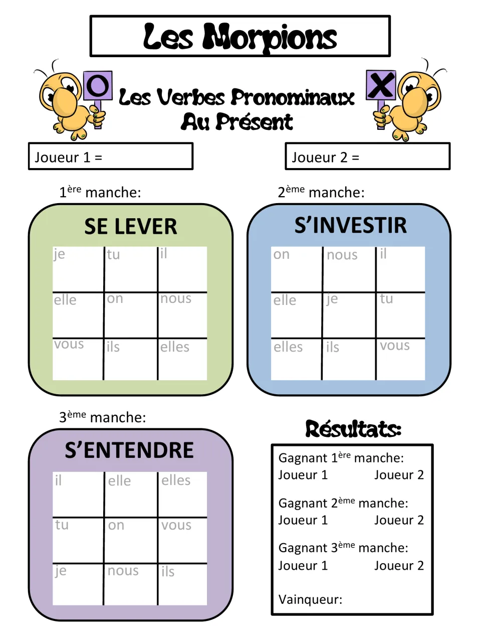 Present-tense tic-tac-toe card for pronominal verbs: se lever, s’investir, and s’entendre