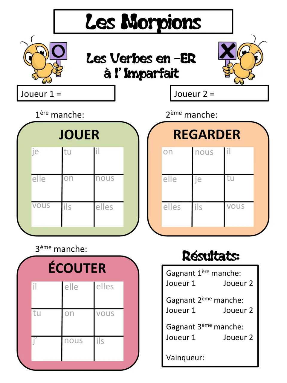 French imperfect tic-tac-toe rounds for jouer (play), regarder (watch), and écouter (listen), using pronouns