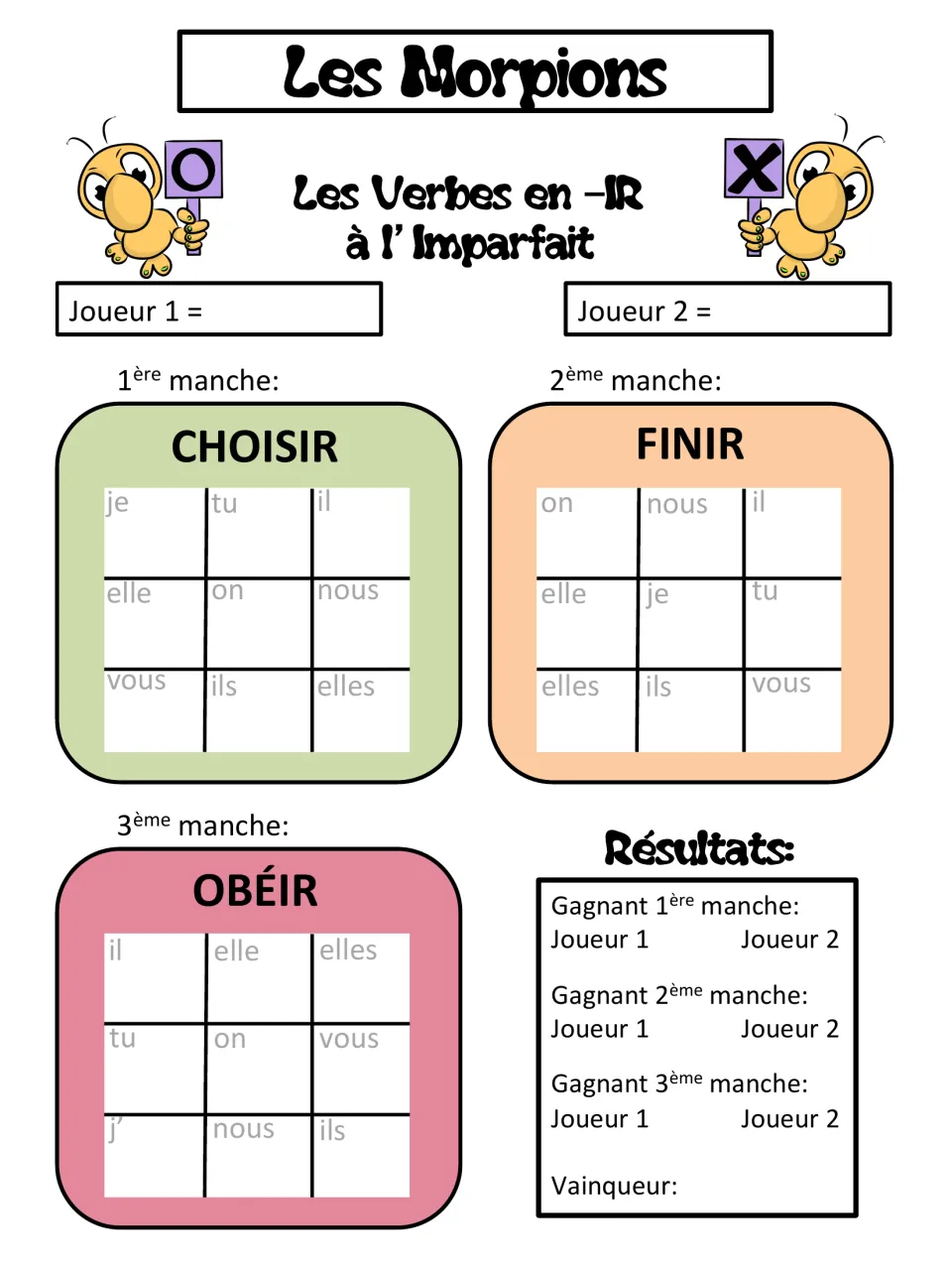 French imperfect tic-tac-toe rounds for choisir (choose), finir (finish), and obéir (obey), using pronouns