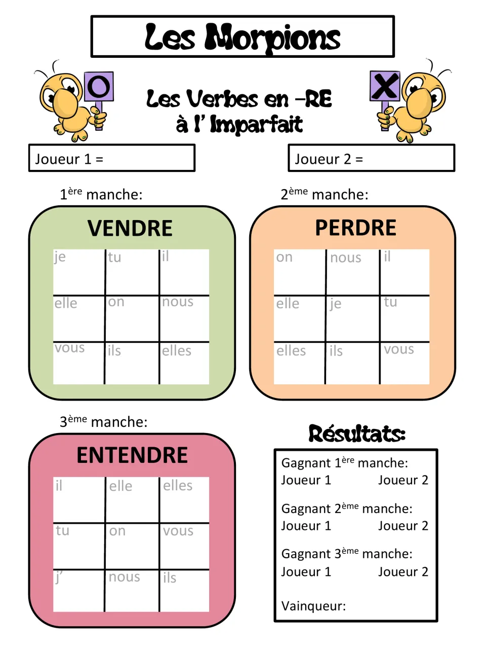 French imperfect tic-tac-toe rounds for vendre (sell), perdre (lose), and entendre (hear), using pronouns