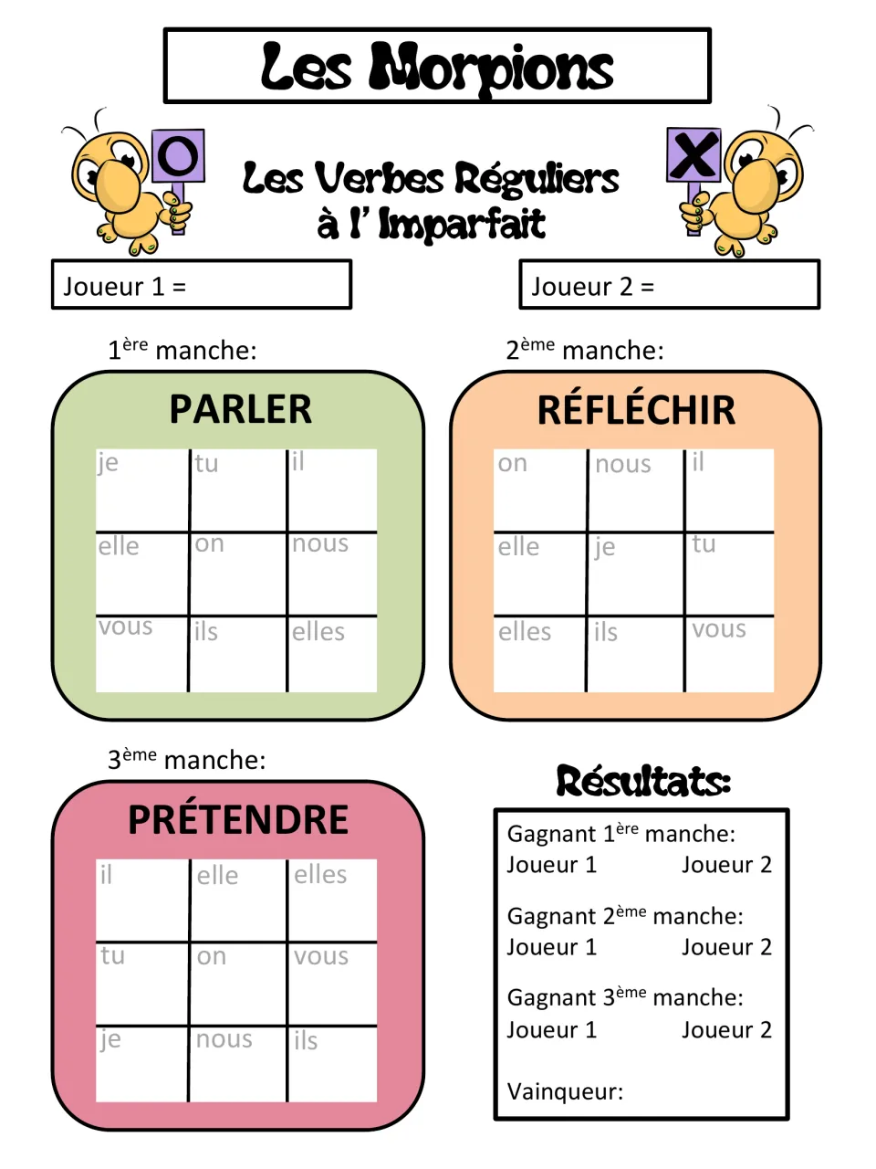 French imperfect tic-tac-toe rounds for parler (speak), réfléchir (think), and prétendre (claim)