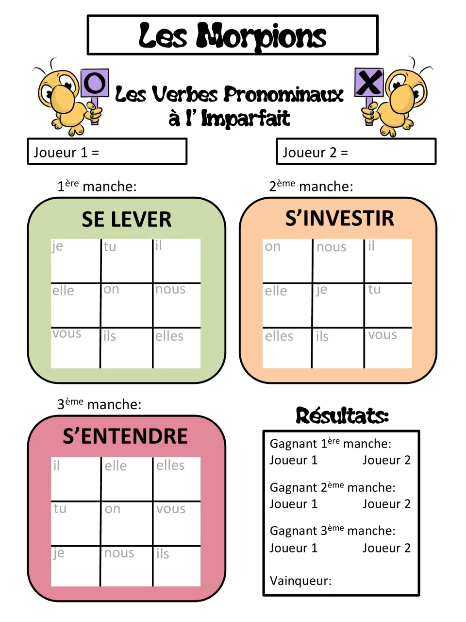 French imperfect tic-tac-toe rounds for pronominal verbs se lever, s’investir, and s’entendre