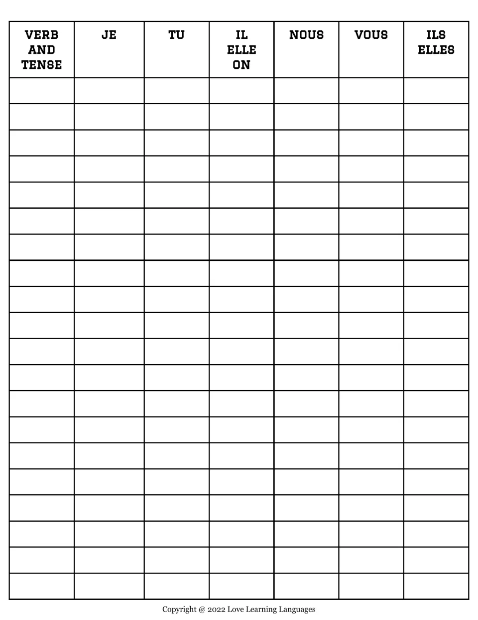 French conjugation chart for 20 verbs: students name each verb and tense, then write the je, tu, il, nous, vous, ils forms