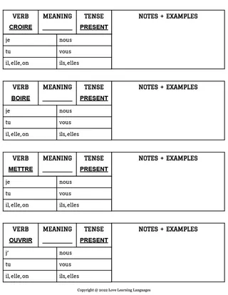 French Irregular Verb Conjugation Tables - Present Tense – sample page 2