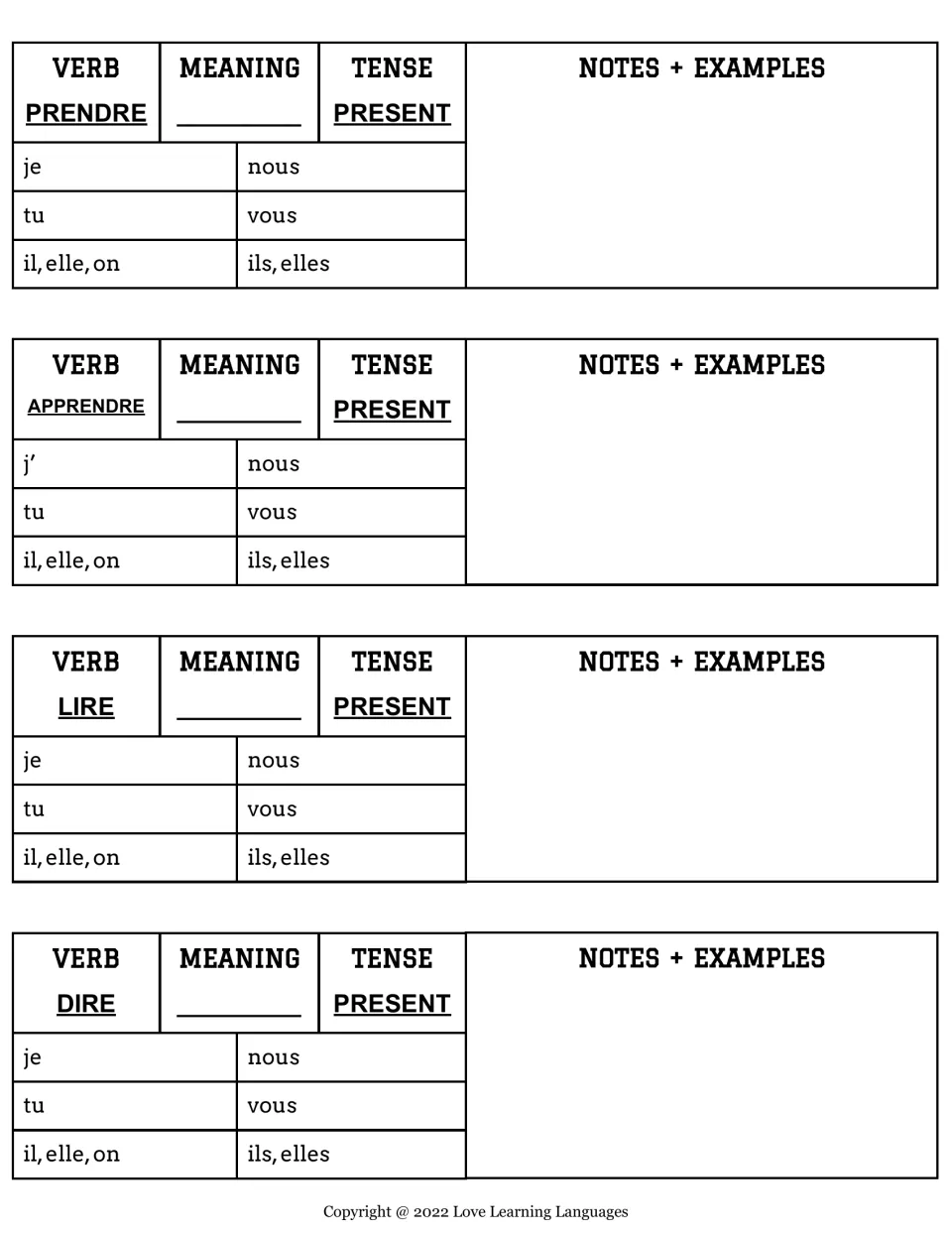 Present tense of prendre, apprendre, lire and dire: students fill in the meaning, all six forms, and notes with examples
