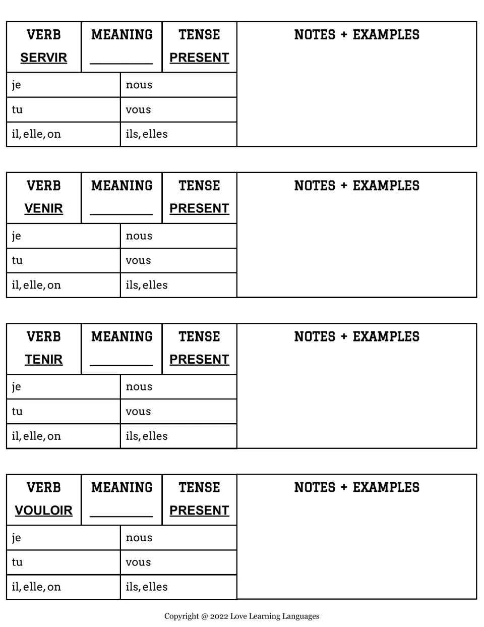 Servir, venir, tenir and vouloir in the present tense: students fill in meanings, pronoun forms, notes and examples