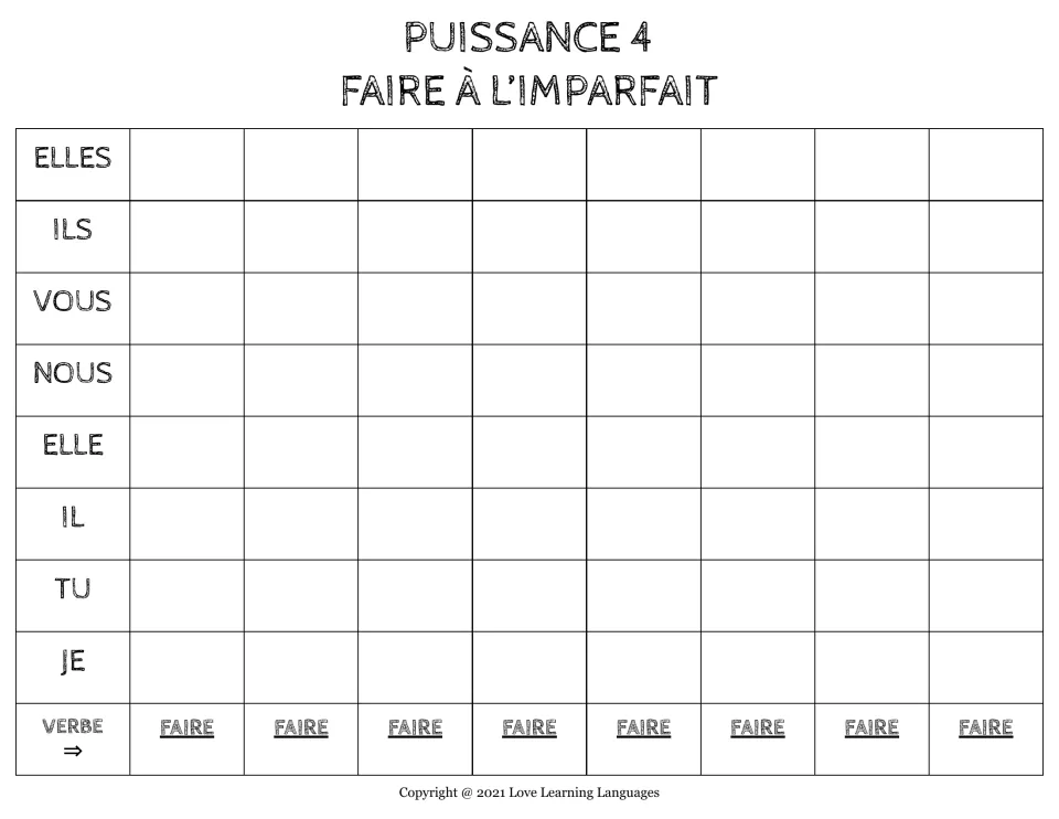 Puissance 4 (Connect 4) board for faire in the imperfect, with blanks for je, tu, il, elle, nous, vous, ils, elles