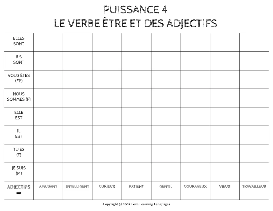 French Connect 4 game board for être (to be) with eight adjectives, including amusant (fun) and gentil (nice).