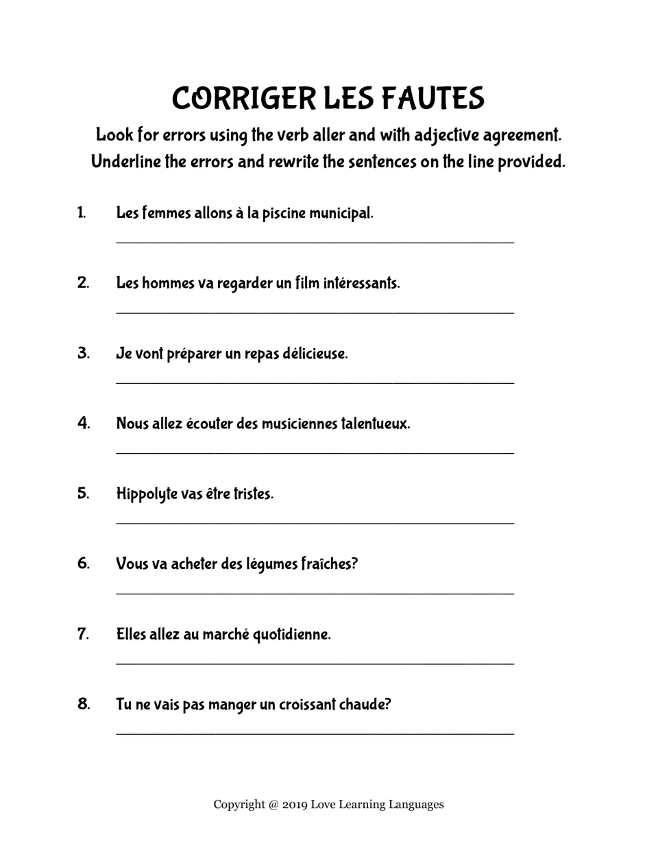 French error-correction practice: eight sentences using aller (to go) and descriptive adjective agreement.