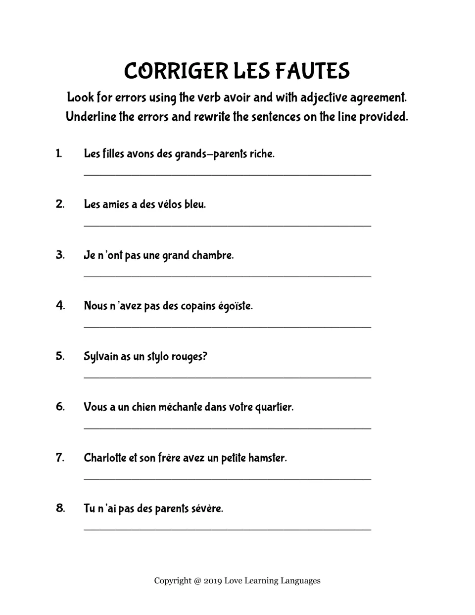 French error-correction practice: eight sentences using avoir (to have) and descriptive adjective agreement.