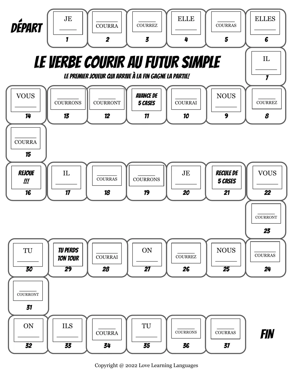 French board game: 37 spaces to practice courir (to run) in the simple future with pronouns and verb forms